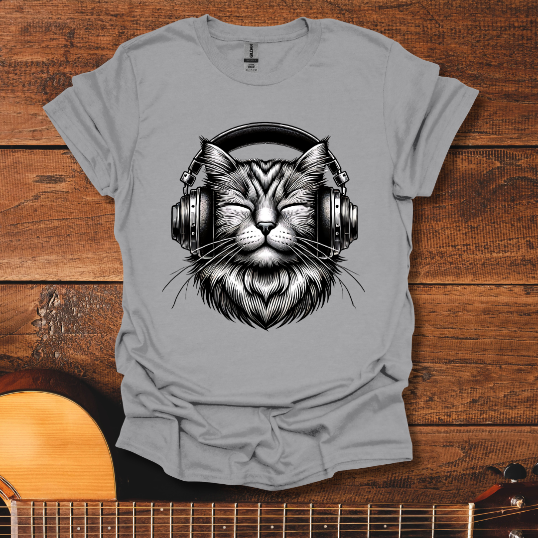 Cat Black And White Headphone T-Shirt
